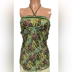 V2K Green Floral Ties at Neck Keyhole button back Halter top Boho SM Summer